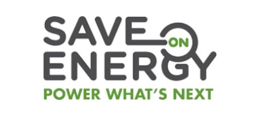 Logo with text "Save on Energy" in bold letters and "Power What's Next" in green underneath. The 'O' in "on" is incorporated into the letter 'E' in "Energy".