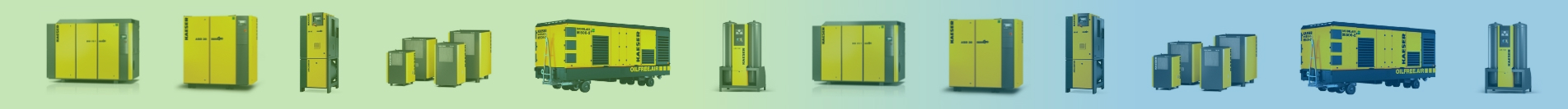 A series of yellow and gray industrial machines on a gradient green to blue background.