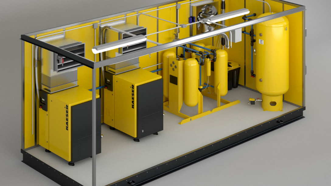 A compact industrial setup featuring yellow and black machinery, including tanks, compressors, and piping, contained within a metal frame structure.