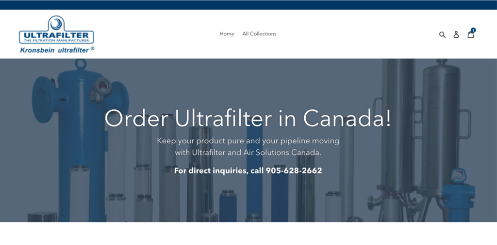 Promotional image for Ultrafilter in Canada, displaying various filtration equipment. Includes the company's contact number for direct inquiries: 905-528-2662.