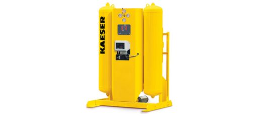 Yellow Kaeser industrial compressor with twin cylindrical tanks, control panel, gauges, and valves mounted on a base.