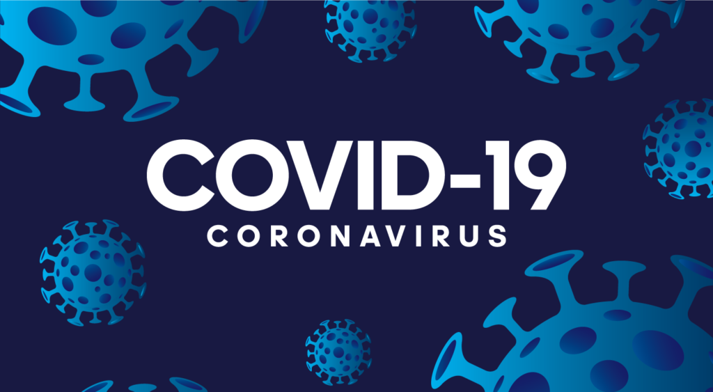 Dark background with stylized blue virus particles and bold text in the center reading "COVID-19 CORONAVIRUS.