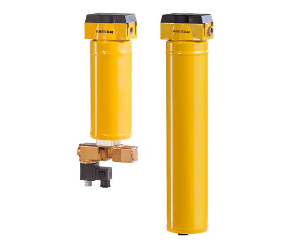 Two yellow industrial air filters with black tops labeled "KAESER", one with attached metal component and valve, standing upright on a white background.