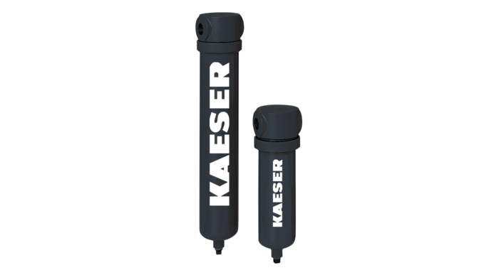 Two black cylindrical air filters with the word "Kaeser" printed vertically in white text. One filter is taller than the other.