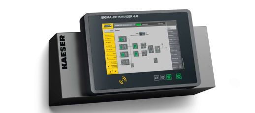 A digital control panel displaying the Sigma Air Manager 4.0 interface from Kaeser, showing system diagrams and options for managing air compressors.